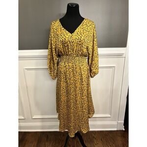 Anthropologie Dress  Mustard Yellow Small Floral Viscose Polyester Silky